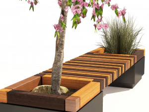 Wood Bench with Peach Flower Grass Planter 3D Model