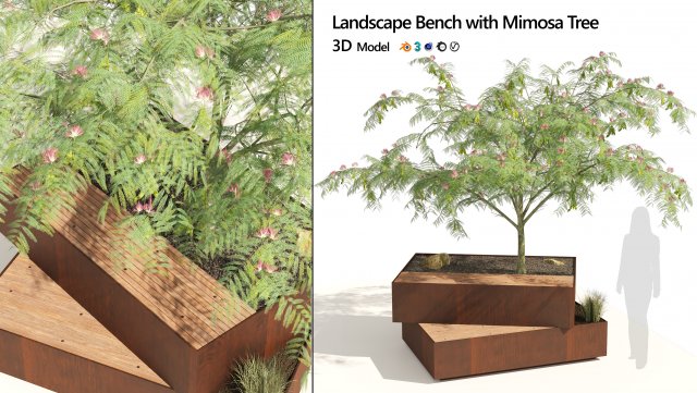 Landscape Bench with Mimosa tree pot 3D मॉडल .c4d .max .obj .3ds .fbx .stl .blend 