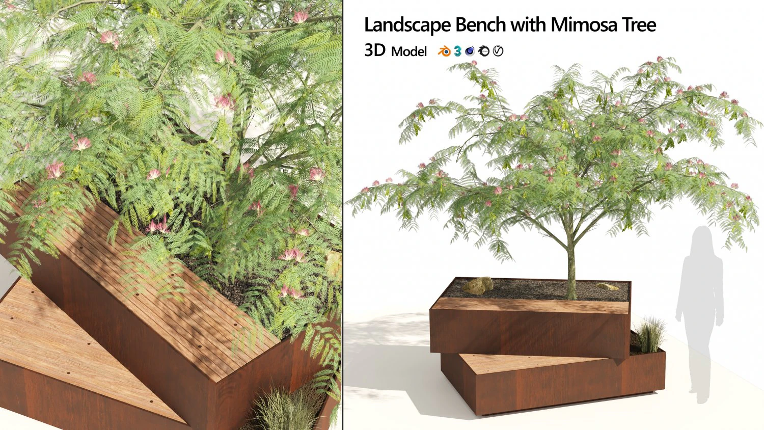 Landscape Bench with Mimosa tree pot 3D Model .c4d .max .obj .3ds .fbx .stl .blend