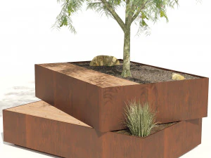 Landscape Bench with Mimosa tree pot 3D Model