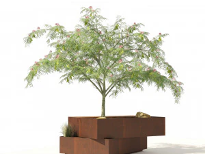 Landscape Bench with Mimosa tree pot 3D Model