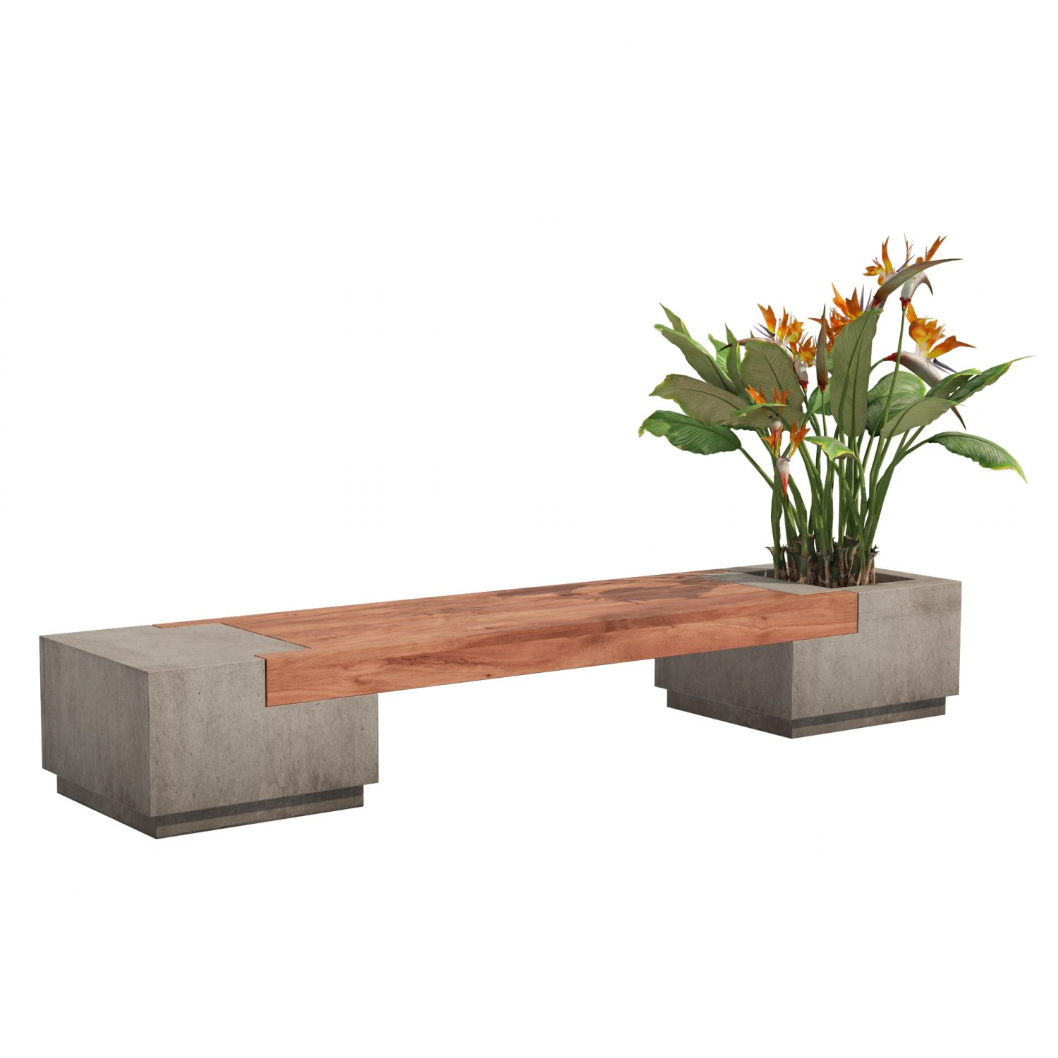 Outdoor bench with Bird Of Paradise flower 3D Model .c4d .max .obj .3ds .fbx .stl .blend 