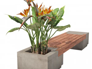 Outdoor bench with Bird Of Paradise flower 3D Model