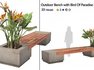 Outdoor bench with Bird Of Paradise flower 3D Model