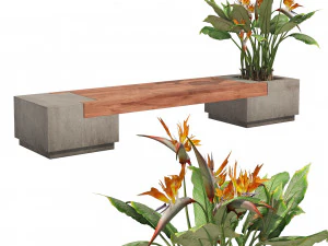 Outdoor bench with Bird Of Paradise flower 3D Model