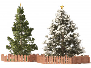 2 outdoor Christmas trees with wood fence 3D Model