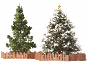 2 outdoor Christmas trees with wood fence 3D 모델