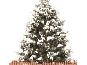 2 outdoor Christmas trees with wood fence 3D Модель