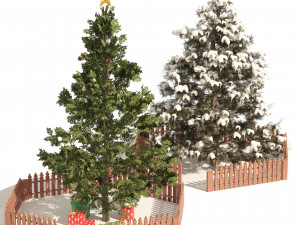 2 outdoor Christmas trees with wood fence 3D Модель