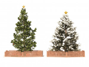 2 outdoor Christmas trees with wood fence 3D Модель