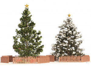 2 outdoor Christmas trees with wood fence 3D Модель