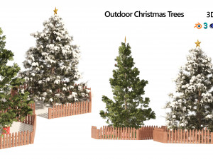 2 outdoor Christmas trees with wood fence 3D Модель
