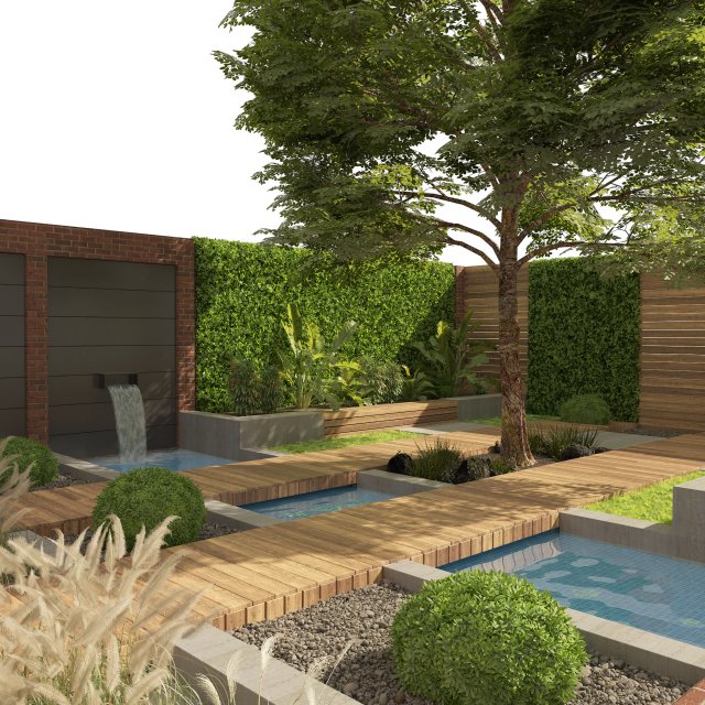 Exterior Garden yard scene with plants and small pool Modelo 3D .c4d .max .obj .3ds .fbx .stl .blend 