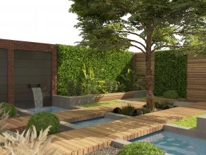 Bitkiler ve k&uuml;&ccedil;&uuml;k havuzlu dış bah&ccedil;e avlusu sahnesi 3D Model
