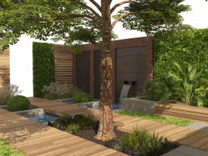 Exterior Garden yard scene with plants and small pool Modelo 3D