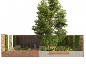 Exterior Garden yard scene with plants and small pool 3D Model