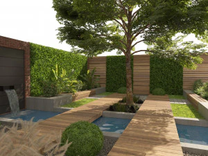 Exterior Garden yard scene with plants and small pool 3D Model