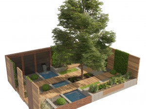 Exterior Garden yard scene with plants and small pool Modelo 3D