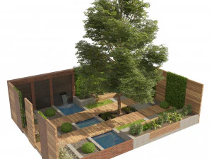 Exterior Garden yard scene with plants and small pool 3D Model