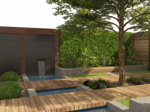 Exterior Garden yard scene with plants and small pool 3D Model