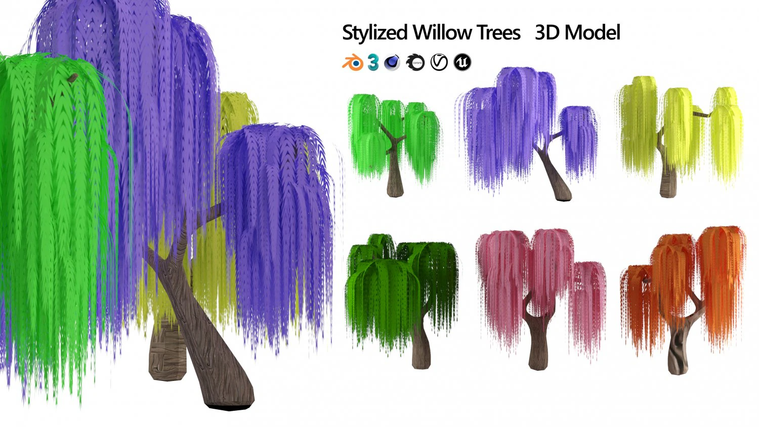 Anime Willow Tree with 6 Colors 3D Model .c4d .max .obj .3ds .fbx .stl .blend 