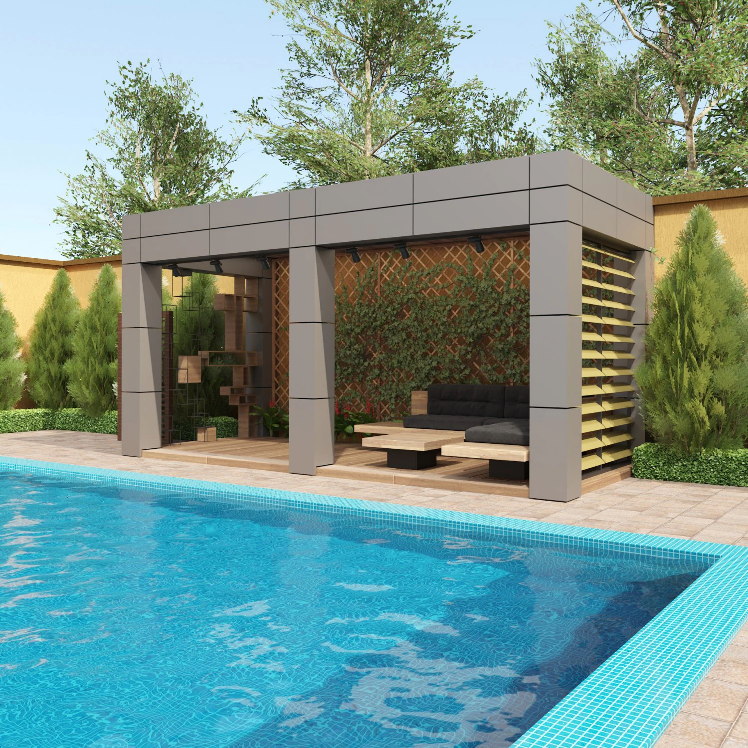 Louvered Aluminum Pergola with pool 3D Model .c4d .max .obj .3ds .fbx .stl .blend 