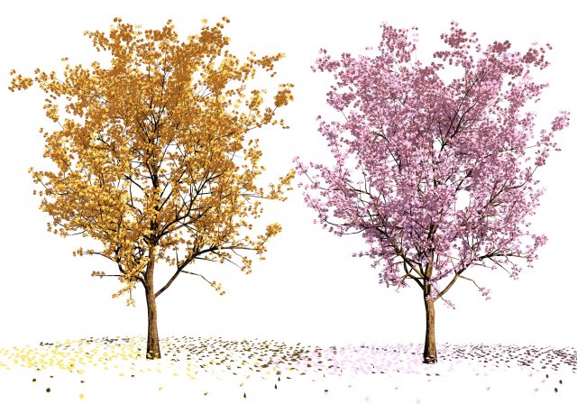 Realistic Low Poly Pink yellow Blossom Trees 3D 모델 .c4d .max .obj .3ds .fbx .stl .blend