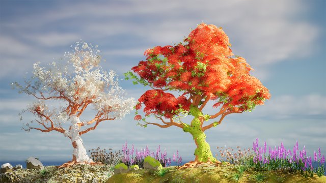 Flowering and snow covered Royal Poinciana Trees on a Hill Modèle 3D .c4d .max .obj .3ds .fbx .stl .blend 