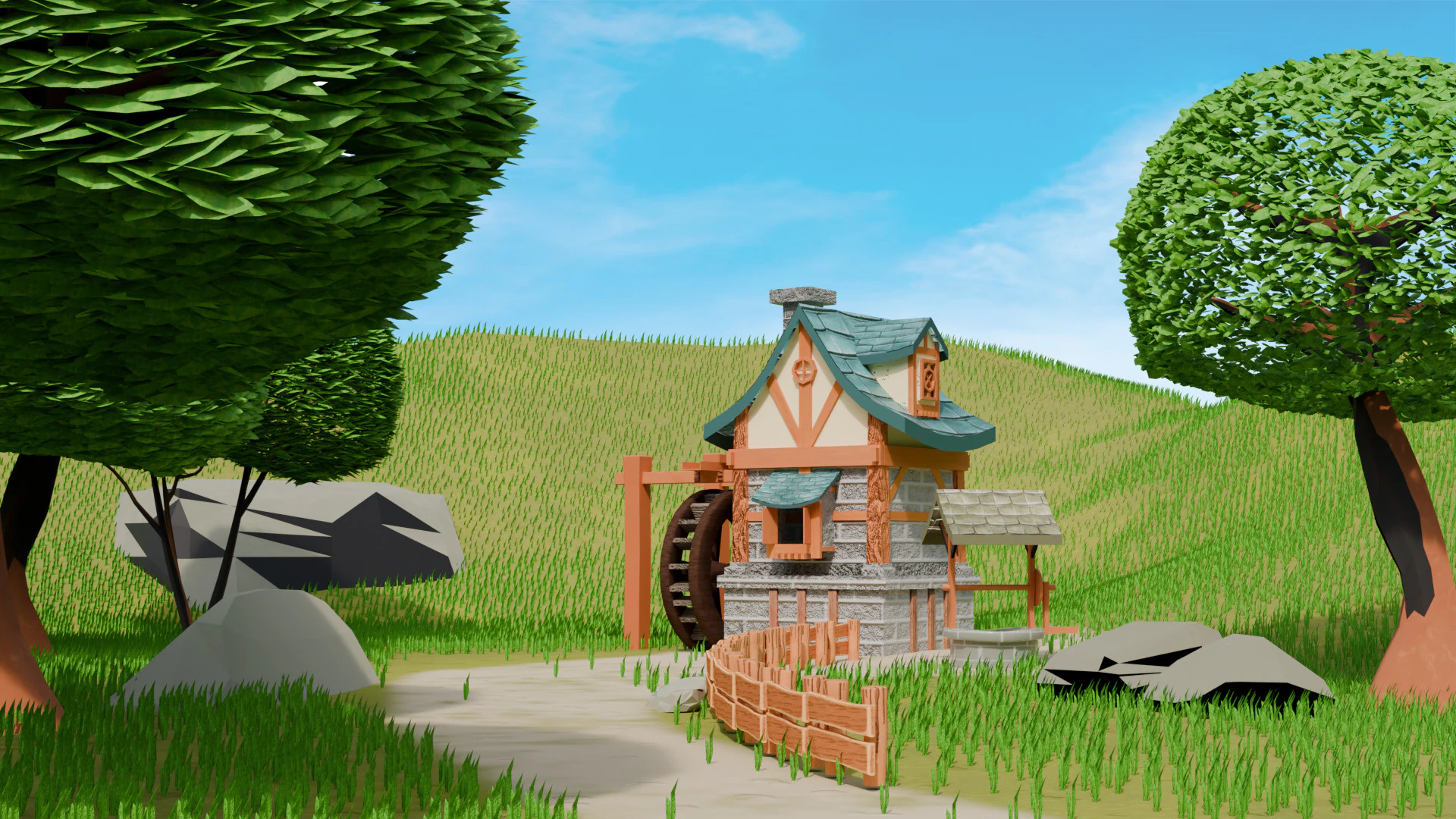 Low-Poly Stylized Village Scene 3D Model .c4d .max .obj .3ds .fbx .stl .blend 