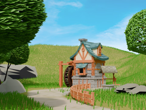 Low-Poly Stylized Village Scene 3D Model