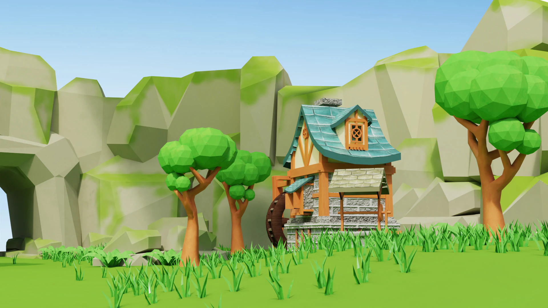 A quaint village nestled in a lush green valley stylized 3d scene 3D Model .c4d .max .obj .3ds .fbx .stl .blend 