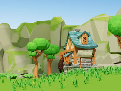 Ein malerisches Dorf, eingebettet in ein &uuml;ppiges gr&uuml;nes Tal, stilisierte 3D-Szene 3D Modell