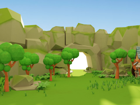 A quaint village nestled in a lush green valley stylized 3d scene Model 3D