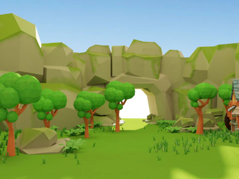 A quaint village nestled in a lush green valley stylized 3d scene 3D Model