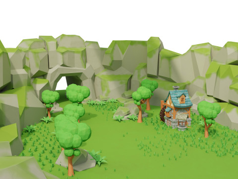 A quaint village nestled in a lush green valley stylized 3d scene Model 3D