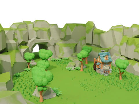 A quaint village nestled in a lush green valley stylized 3d scene 3D Model