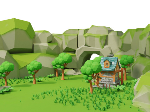 A quaint village nestled in a lush green valley stylized 3d scene Model 3D