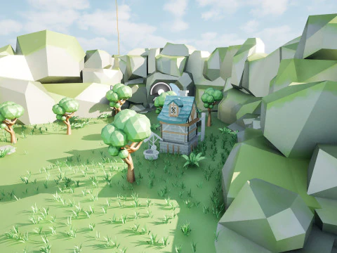 A quaint village nestled in a lush green valley stylized 3d scene 3D Model
