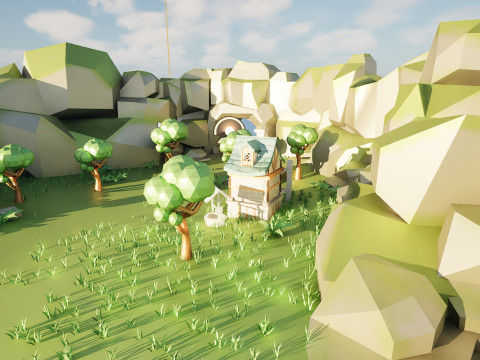 A quaint village nestled in a lush green valley stylized 3d scene Model 3D