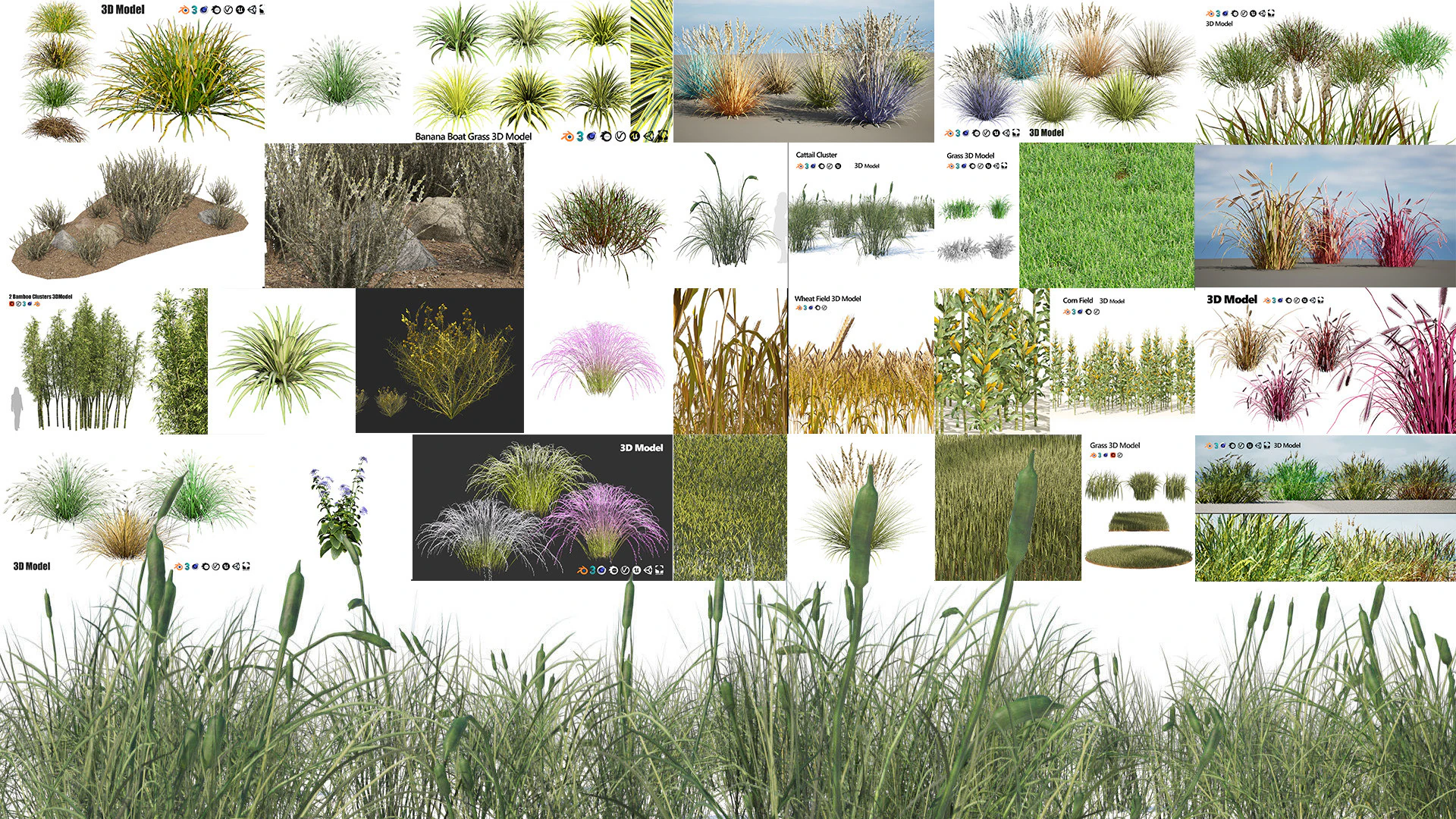 Low-Poly Grass and Foliage Assets 3d Pack 3D Model .c4d .max .obj .3ds .fbx .stl .blend 
