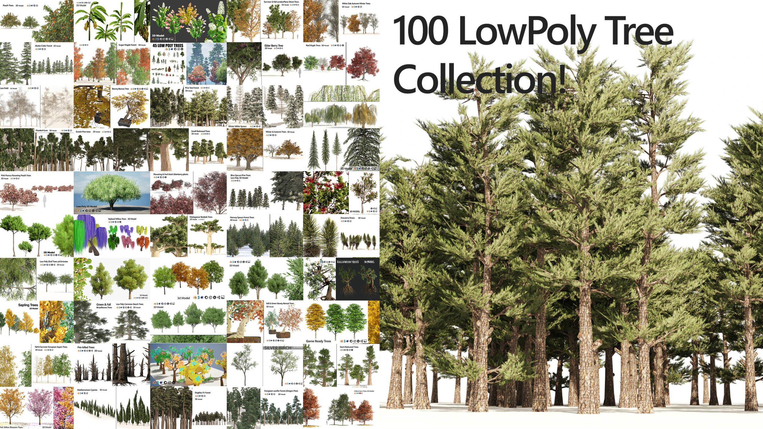 100 Highly Detailed Game ready Trees 3d collection 3D Model .c4d .max .obj .3ds .fbx .stl .blend 