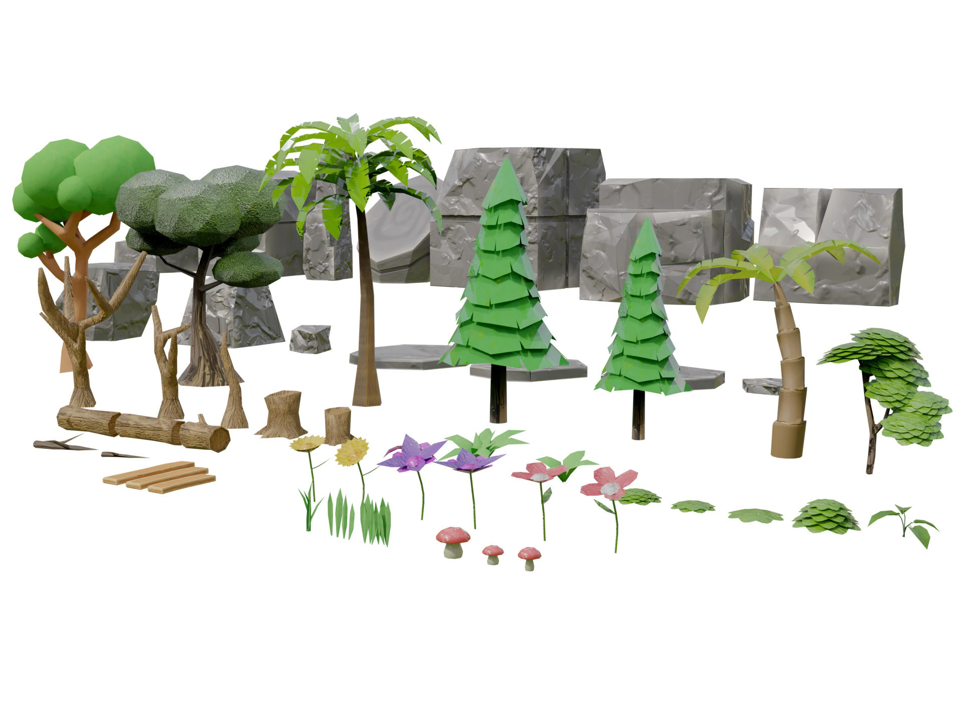 Mobile Game Assets Rock Plant Tree 3D Model .c4d .max .obj .3ds .fbx .stl .blend 