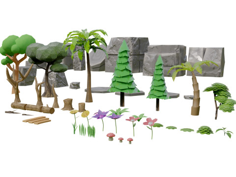 Mobile Game Assets Rock Plant Tree 3D Модель
