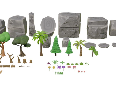 Mobile Game Assets Rock Plant Tree 3D Model