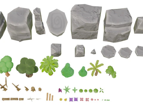 Mobile Game Assets Rock Plant Tree 3D Model