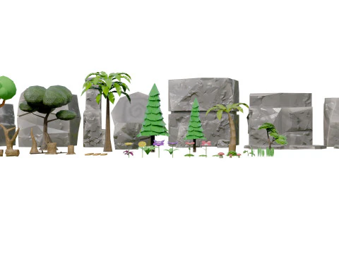 Mobile Game Assets Rock Plant Tree 3D Model