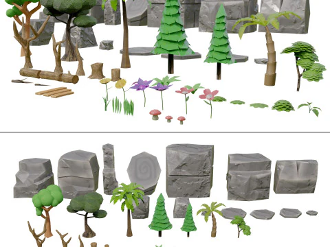 Mobile Game Assets Rock Plant Tree 3D Model