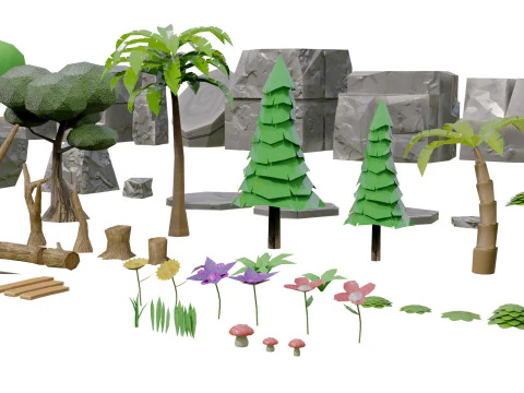 Mobile Game Assets Rock Plant Tree 3D Model
