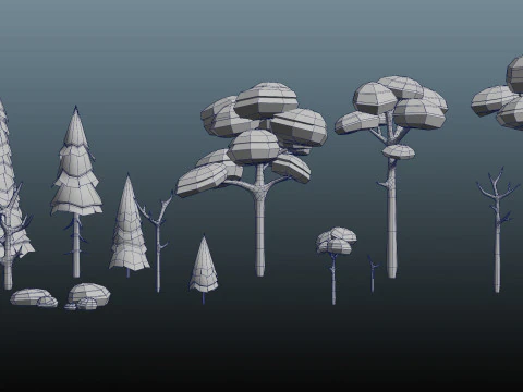 Alberi ed elementi forestali pronti per il gioco Modello 3D