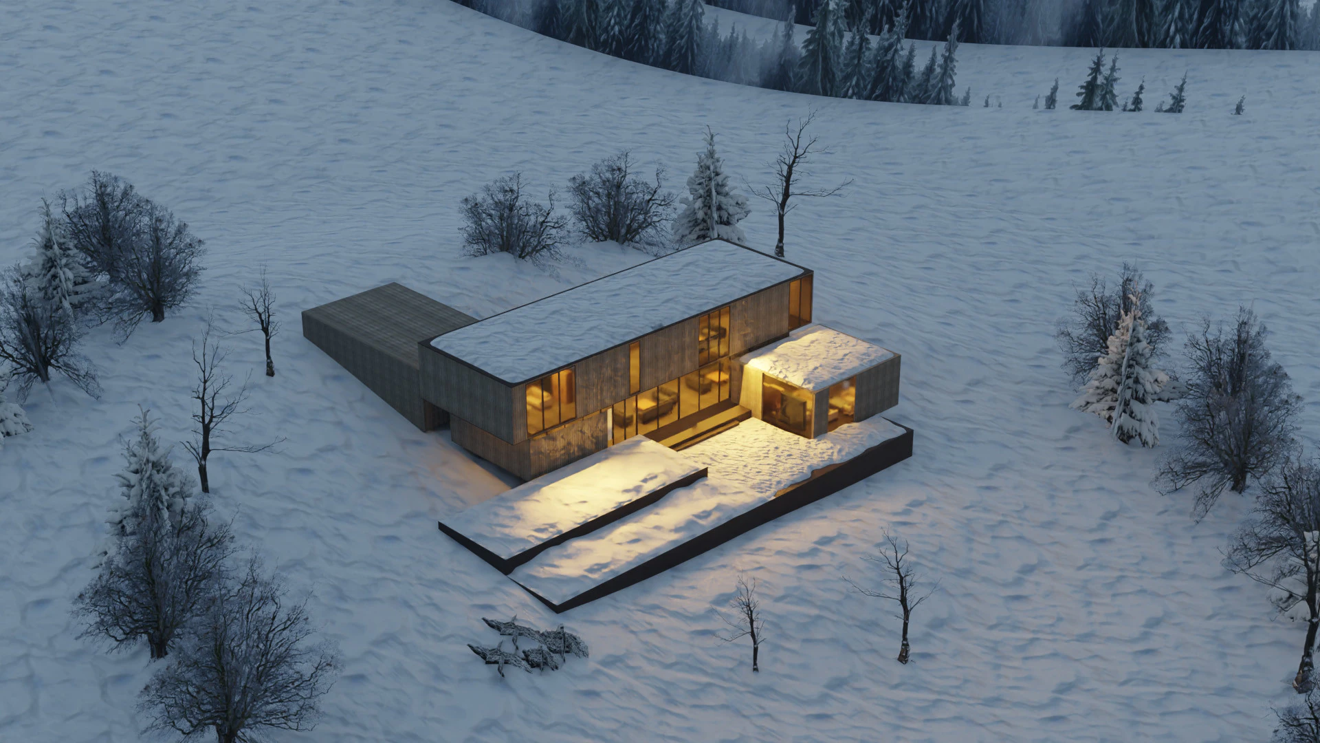 Modern Winter Cabin in snowy Scene 3D Model .c4d .max .obj .3ds .fbx .stl .blend 